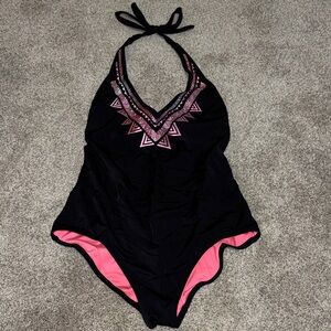 Black & Pink Halter One-Piece Swimsuit with Geometric Trim